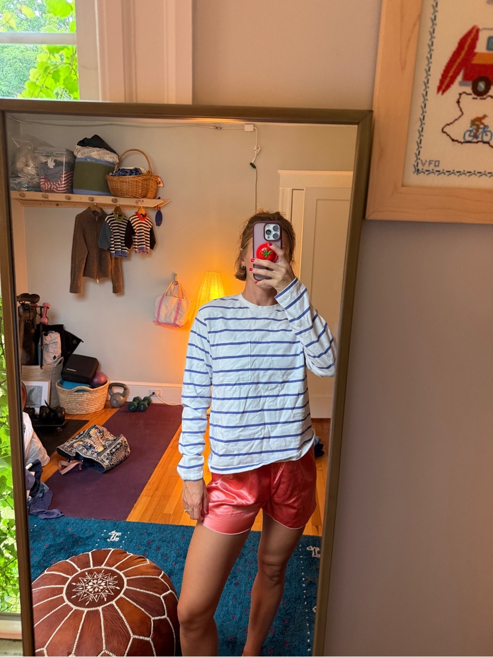 J. Crew White and Navy Striped Long-Sleeve Top with Coral Satin Athletic Shorts